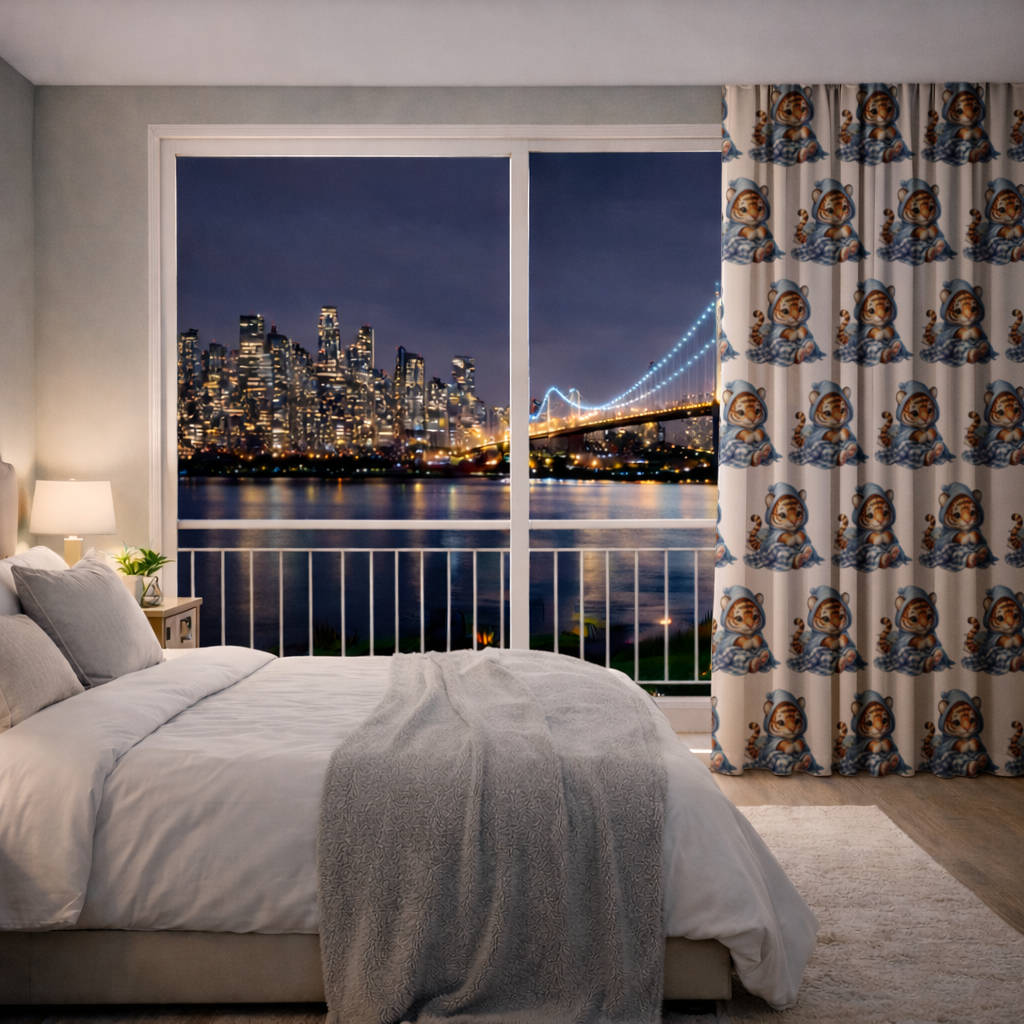 Sleepy Baby Tiger Cub on Books Drapes