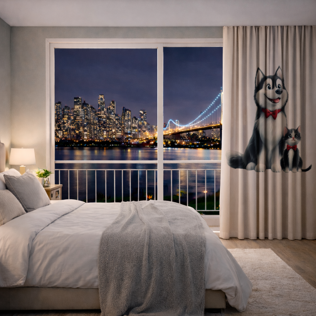 Cute Husky and Kitten with Red Bowties Drapes
