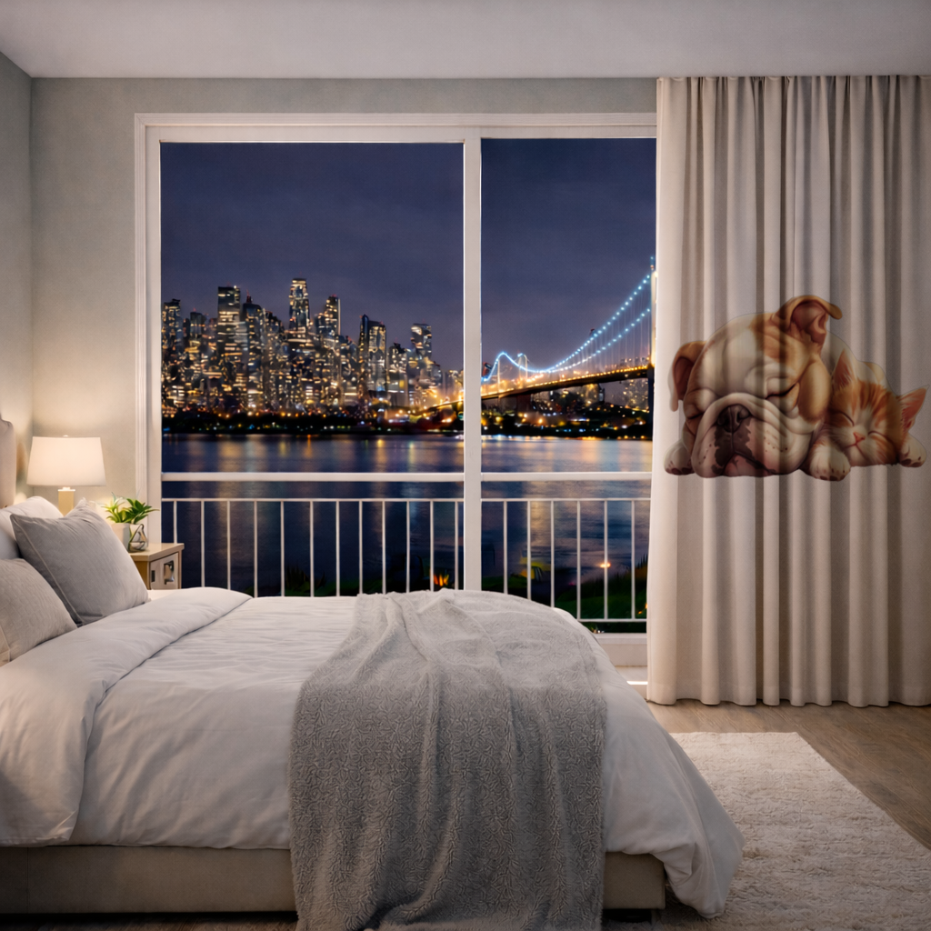 Sleeping Bulldog and Ginger Kitten Drapes