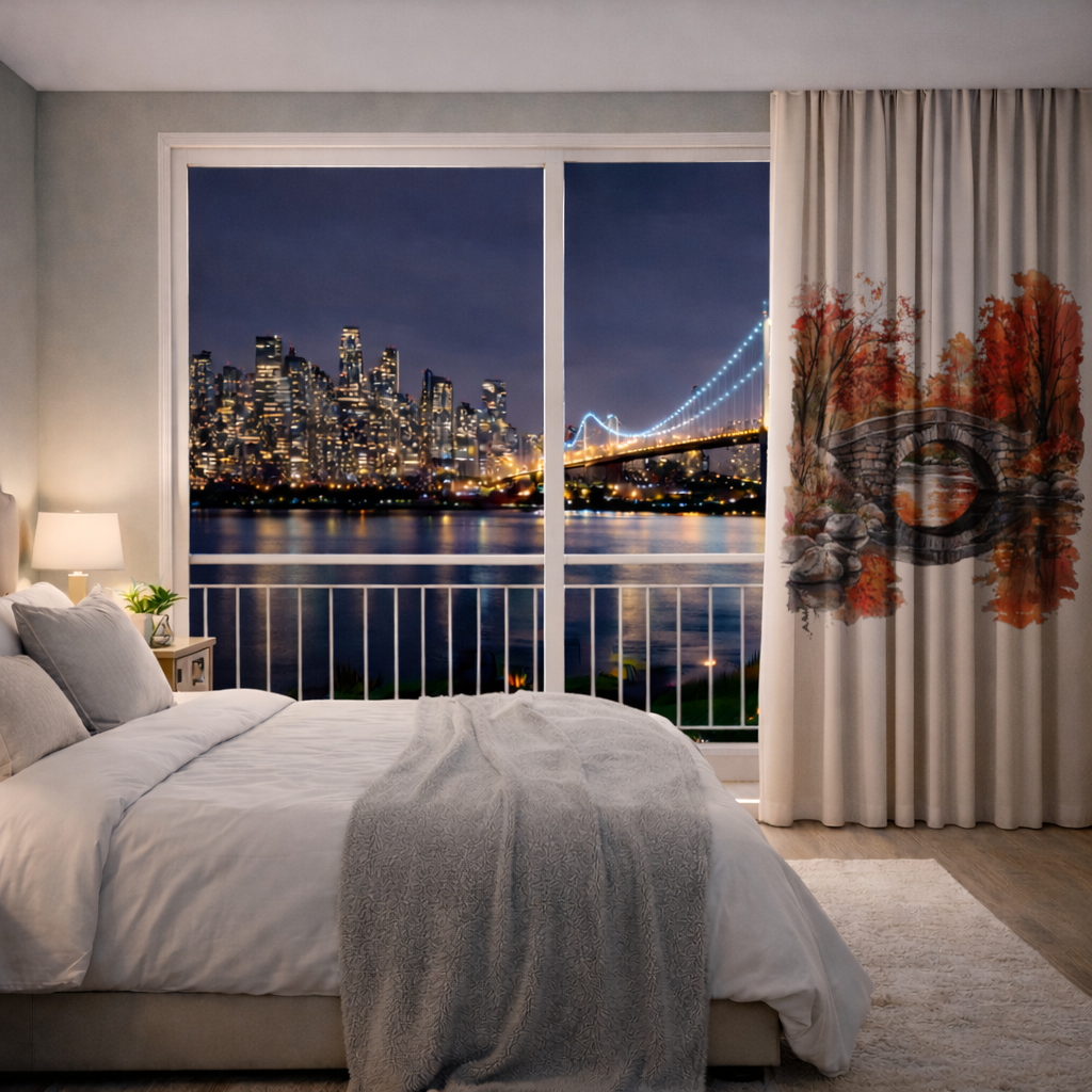 Autumn Stone Arch Bridge Over River Drapes