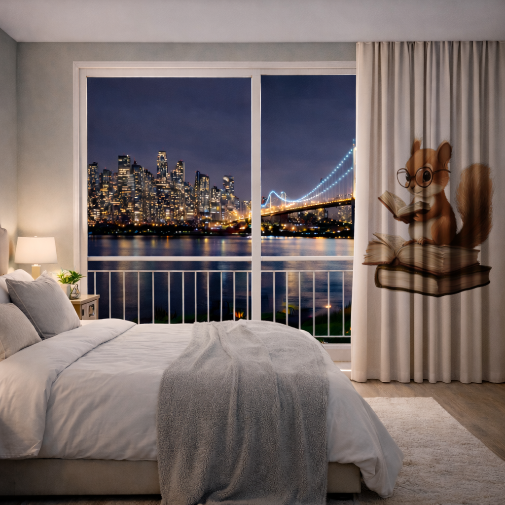 Scholarly Squirrel Reading on Book Stack Drapes