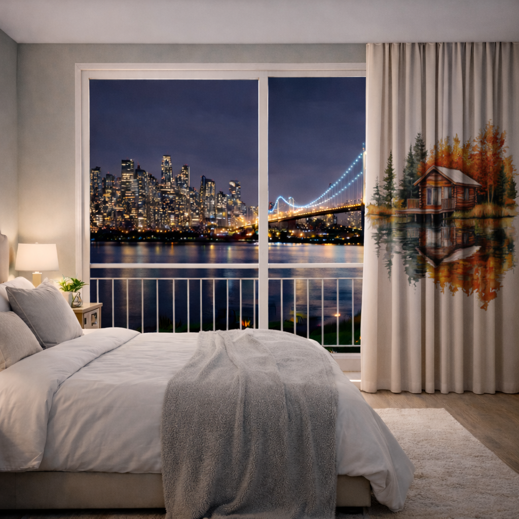 Göl Kenarı Kütük Ev ve Sonbahar Fon Perde