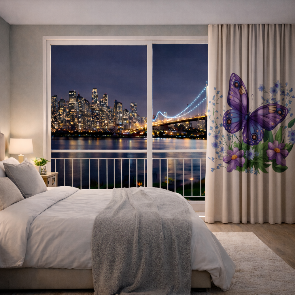 Mor Kelebek ve Mavi Kır Çiçekleri Fon Perde