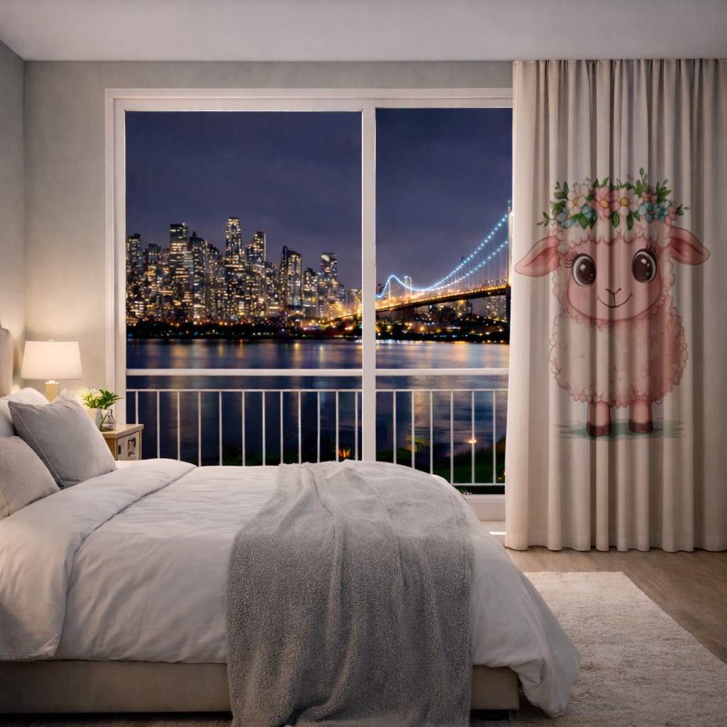 Kawaii Çiçek Taçlı Pembe Kuzu Fon Perde