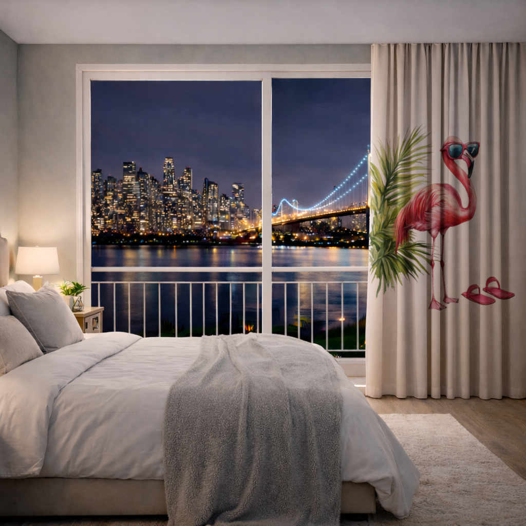 Güneş Gözlüklü Pembe Flamingo Fon Perde