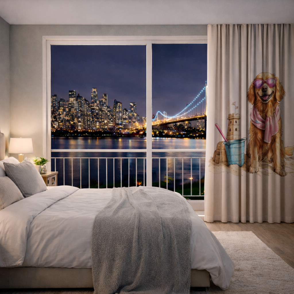 Plajda Pembe Gözlüklü Golden Retriever Fon Perde