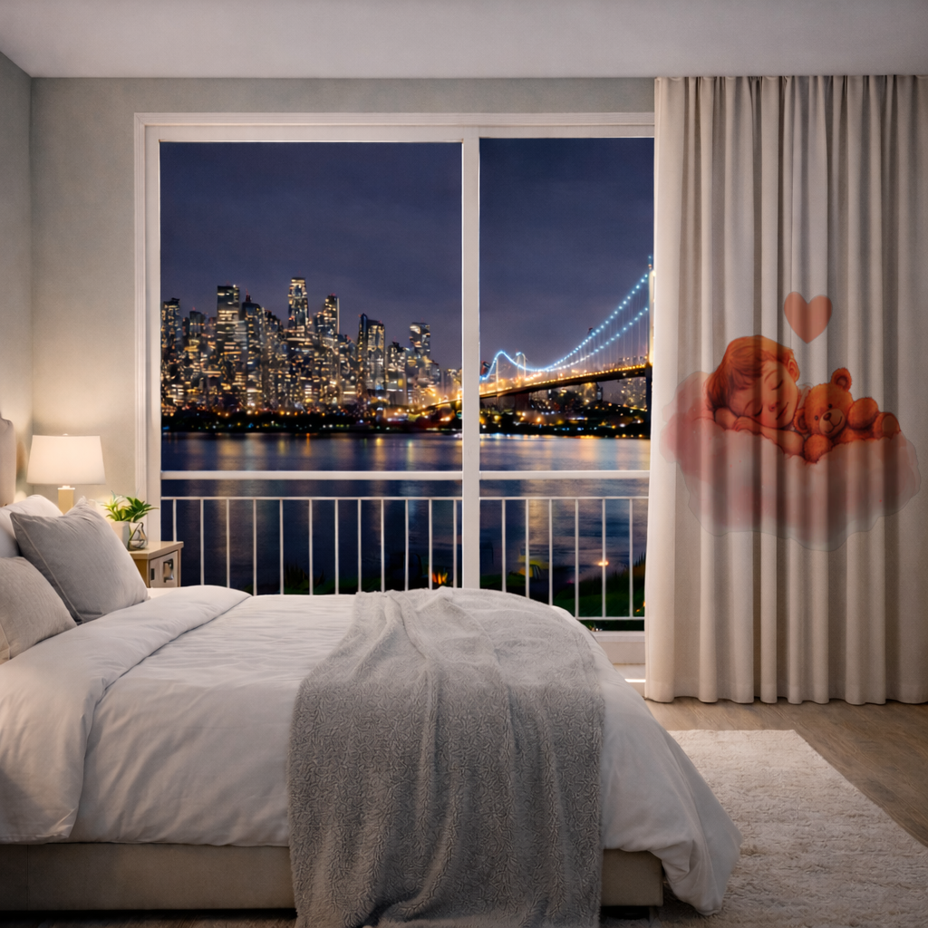 Bulut Üstünde Uyuyan Bebek ve Ayıcık Fon Perde