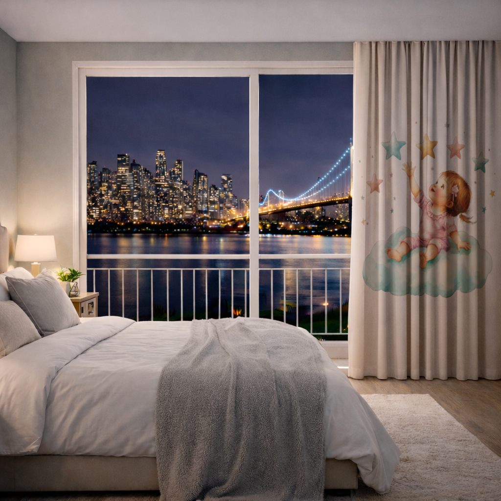 Bulut Üzerinde Yıldızlara Ulaşan Bebek Fon Perde