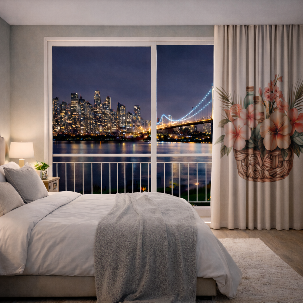 Tropikal Hibiskus Çiçekli Hasır Sepet Fon Perde