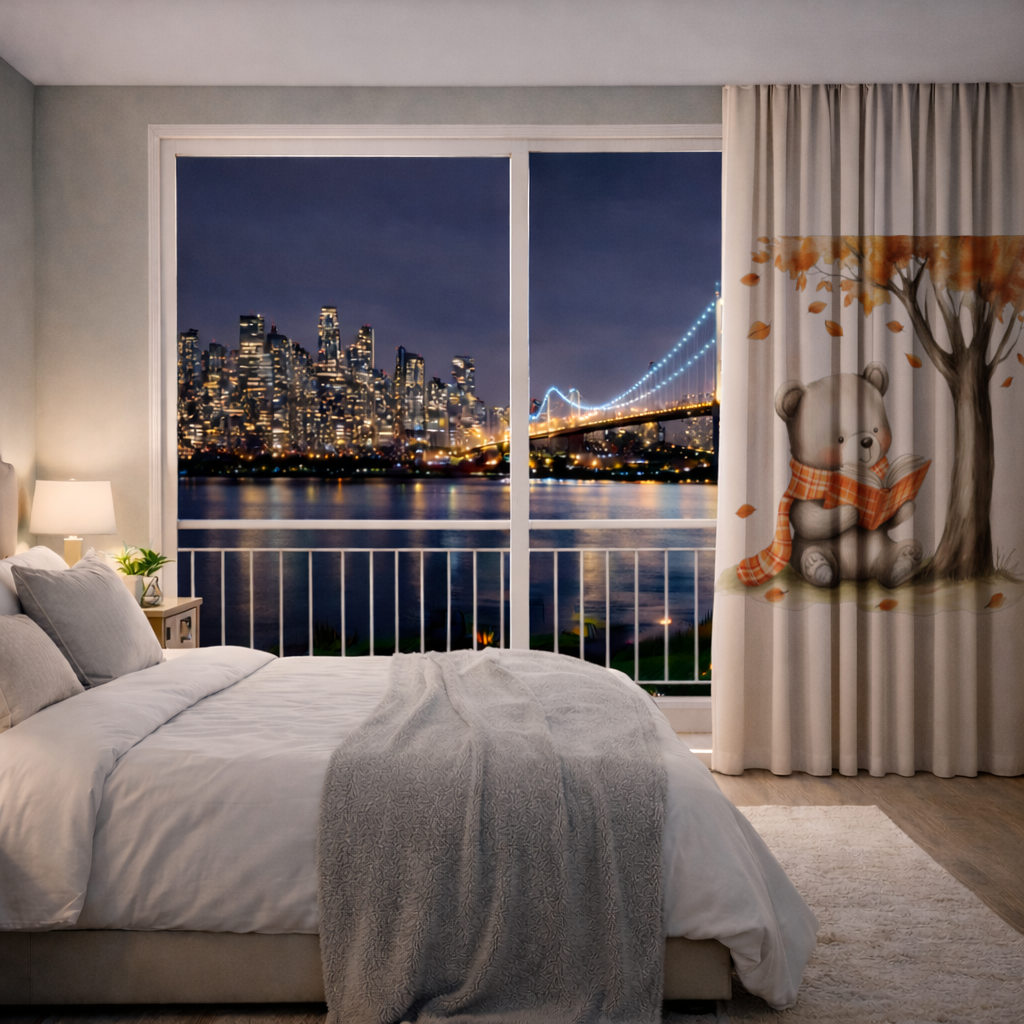 Reading Bear with Orange Scarf Drapes