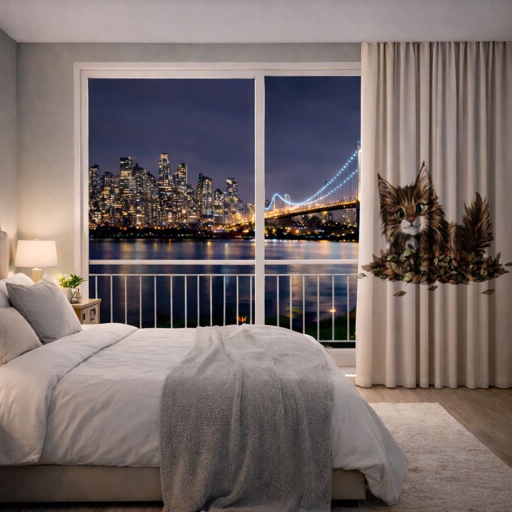 Cute Fluffy Kitten in Autumn Leaves Drapes