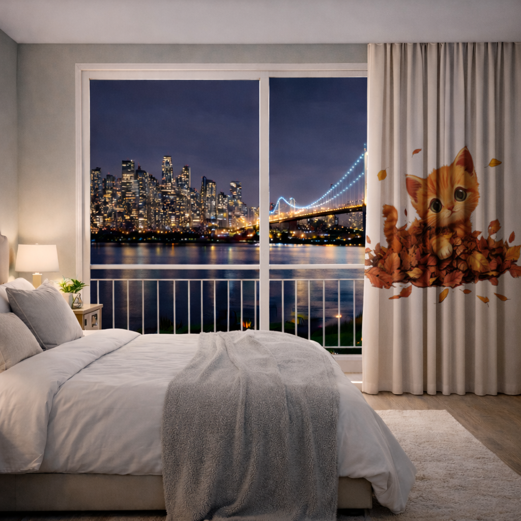 Ginger Kitten in Autumn Leaves Drapes