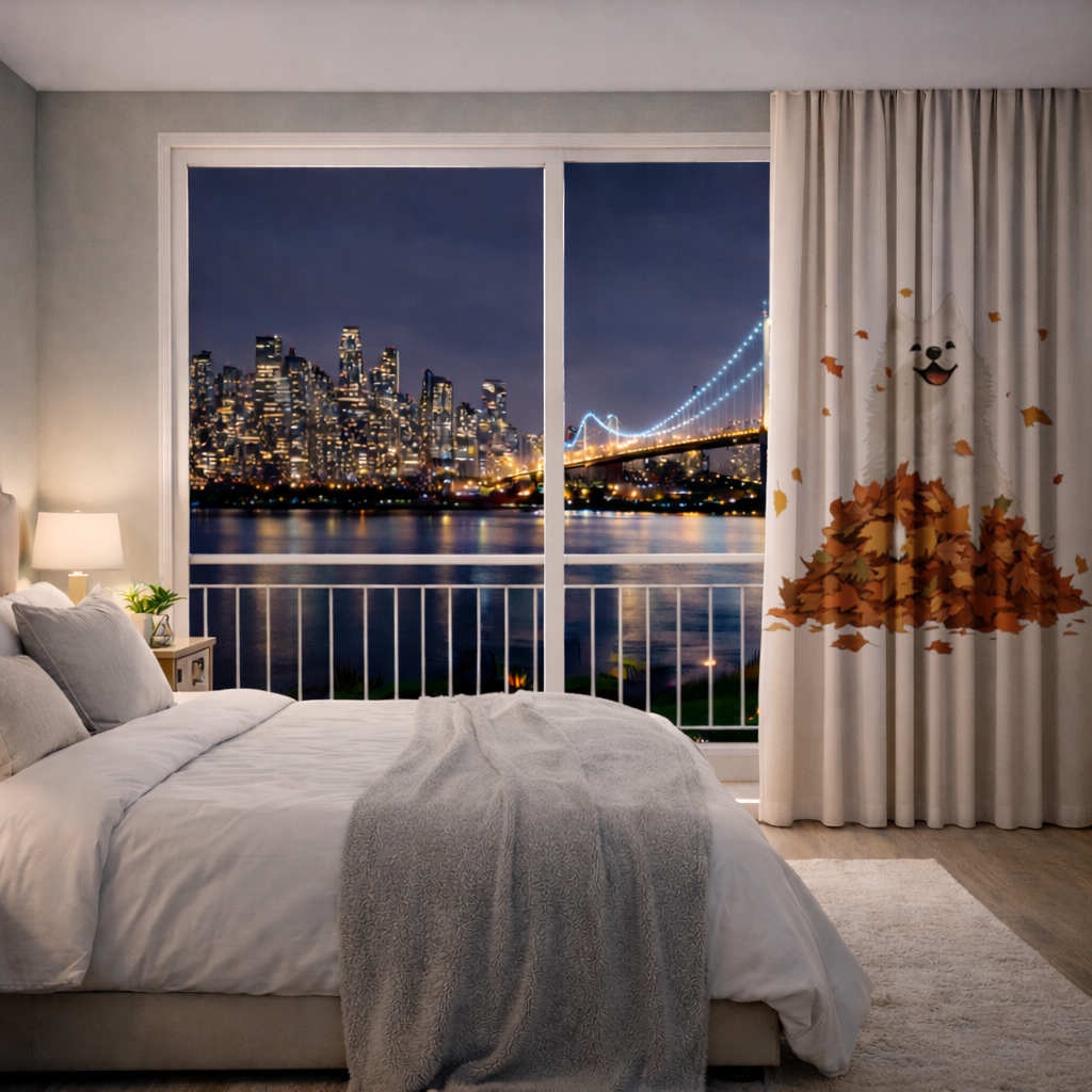 Happy White Dog in Autumn Leaves 