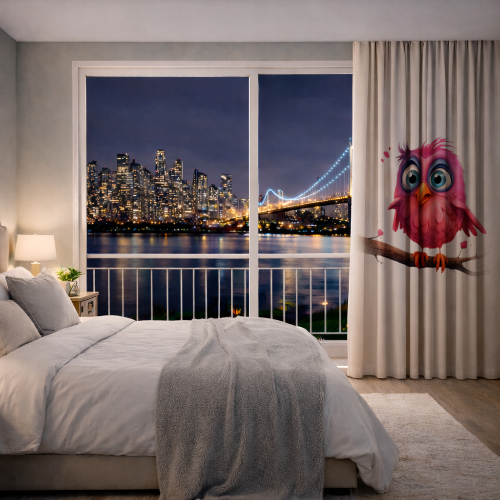 Cute Pink Bird with Large Blue Eyes Drapes