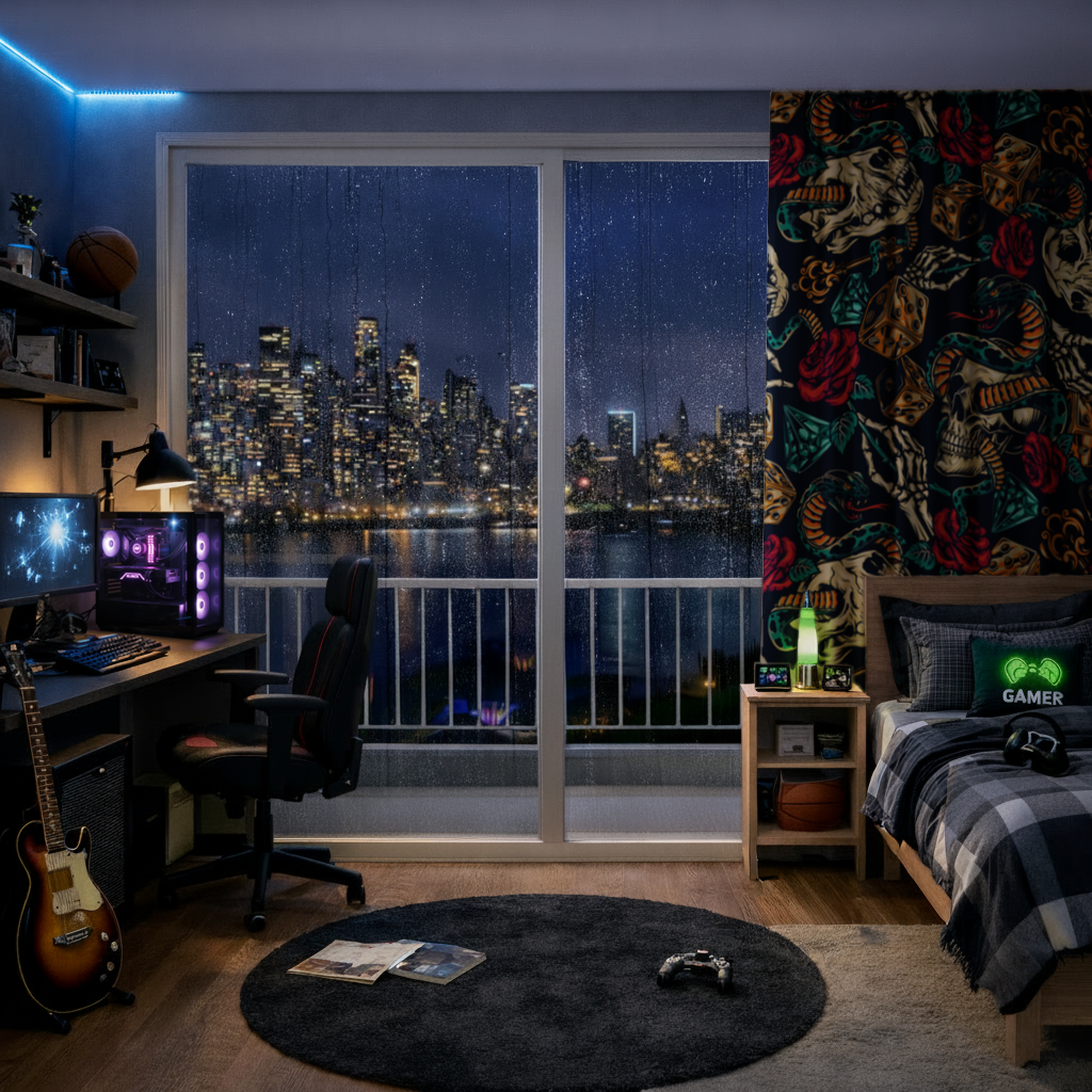 Skull Snake Dice and Roses Pattern Drapes