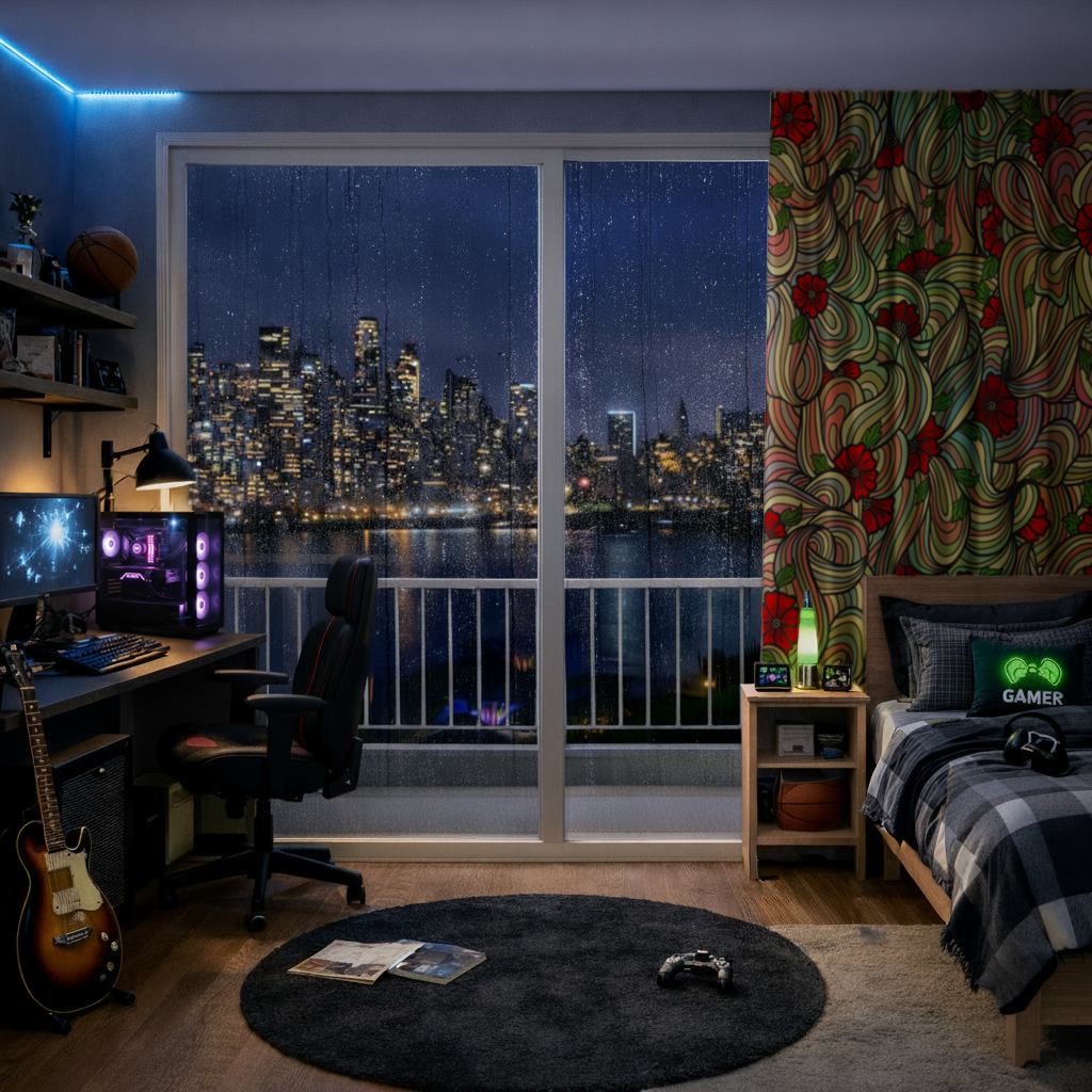 Çiçekli Retro Dalgalı Desen Fon Perde