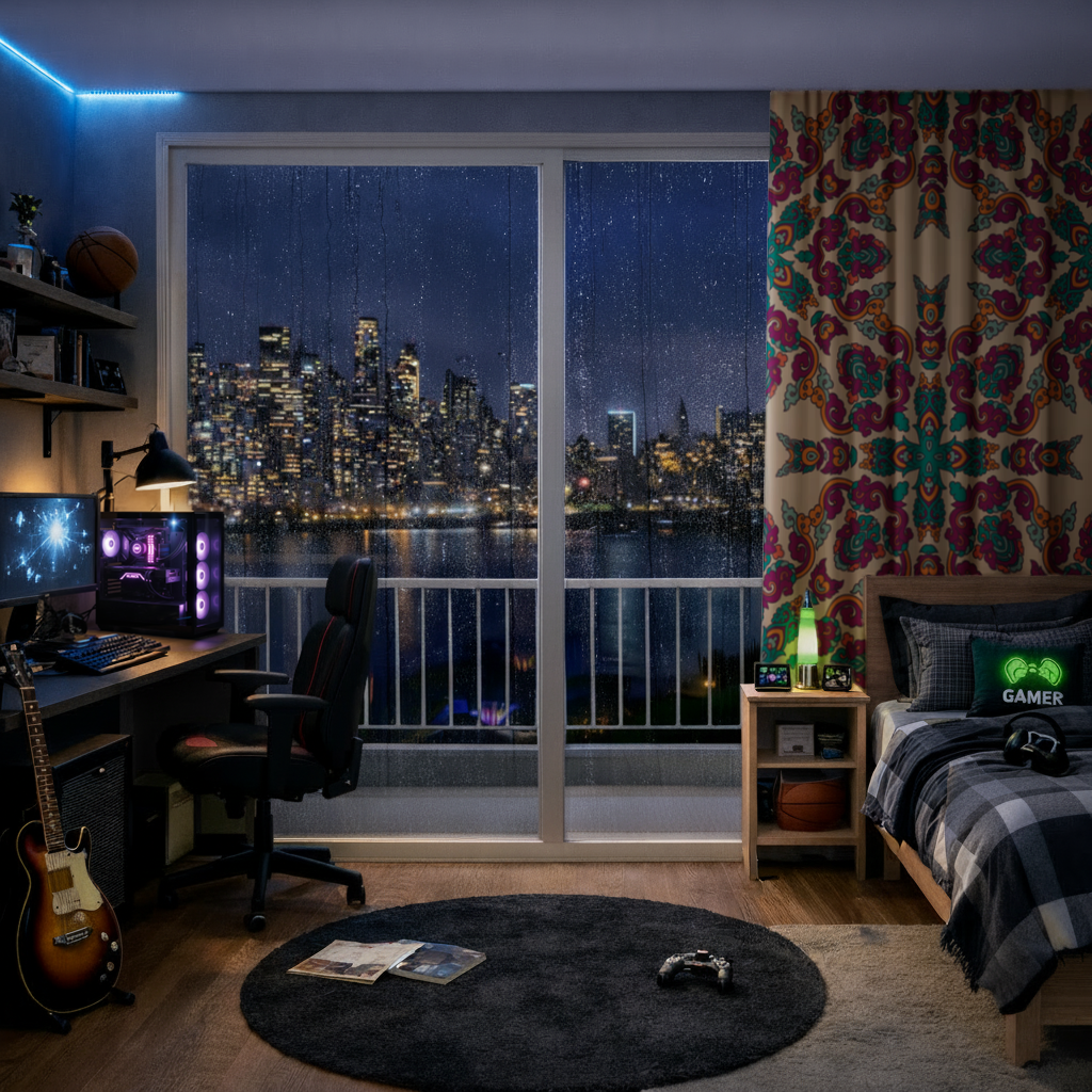 Renkli Oryantal Motifli Simetrik Mandala Deseni Fon Perde