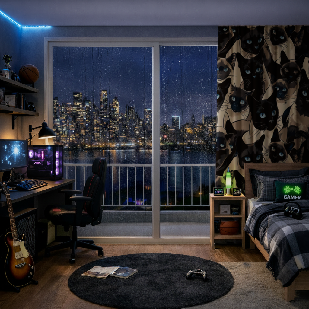 Blue Eyed Siamese Cat Elegant Illustration Pattern Drapes