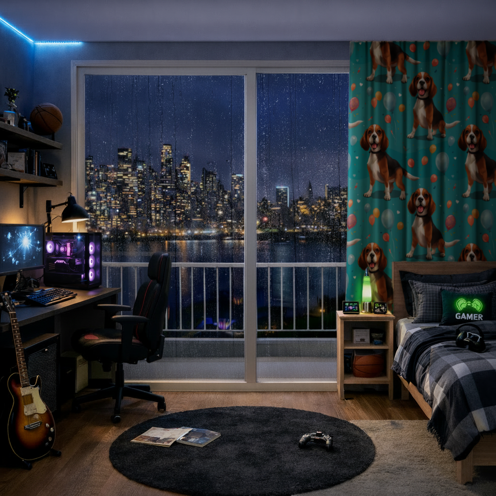 Cute Beagle Dog and Colorful Balloons Seamless Pattern Drapes