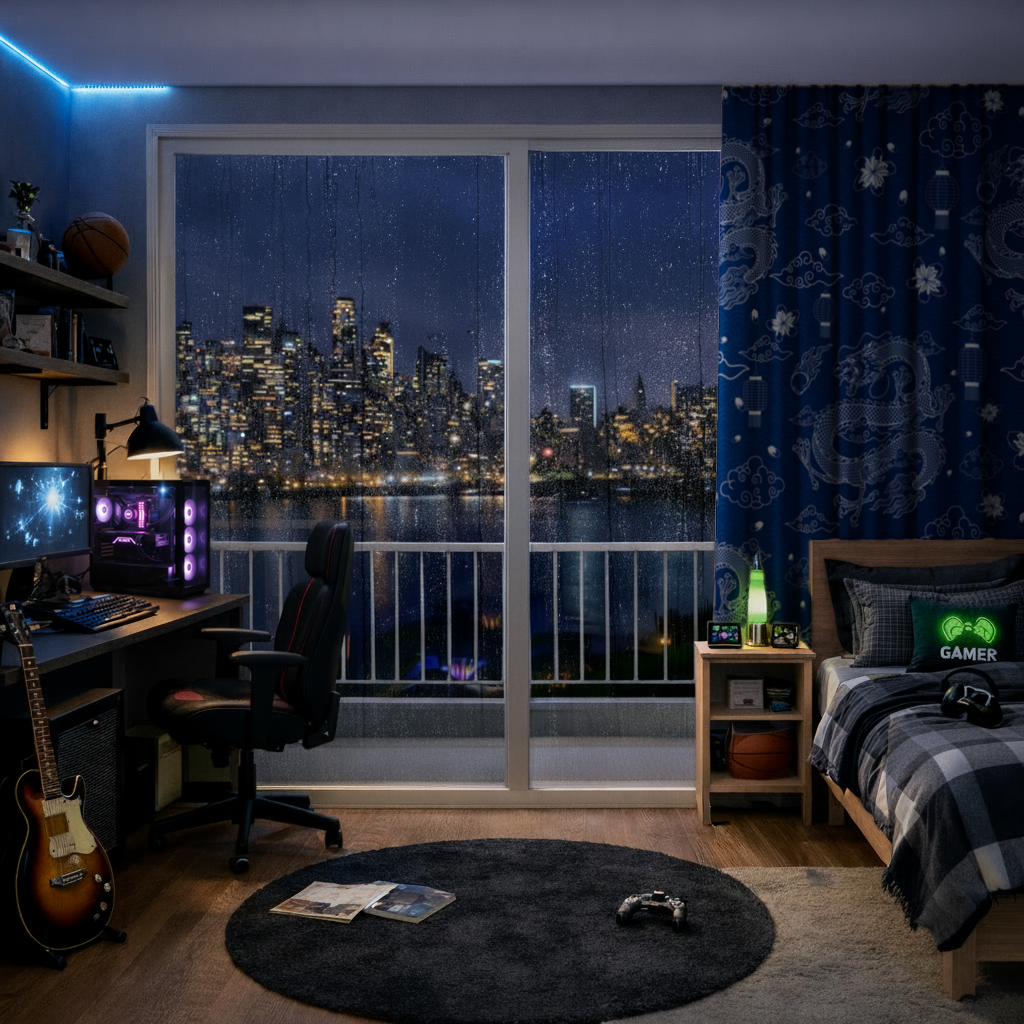 Traditional Dragon Pattern on Blue Background Drapes