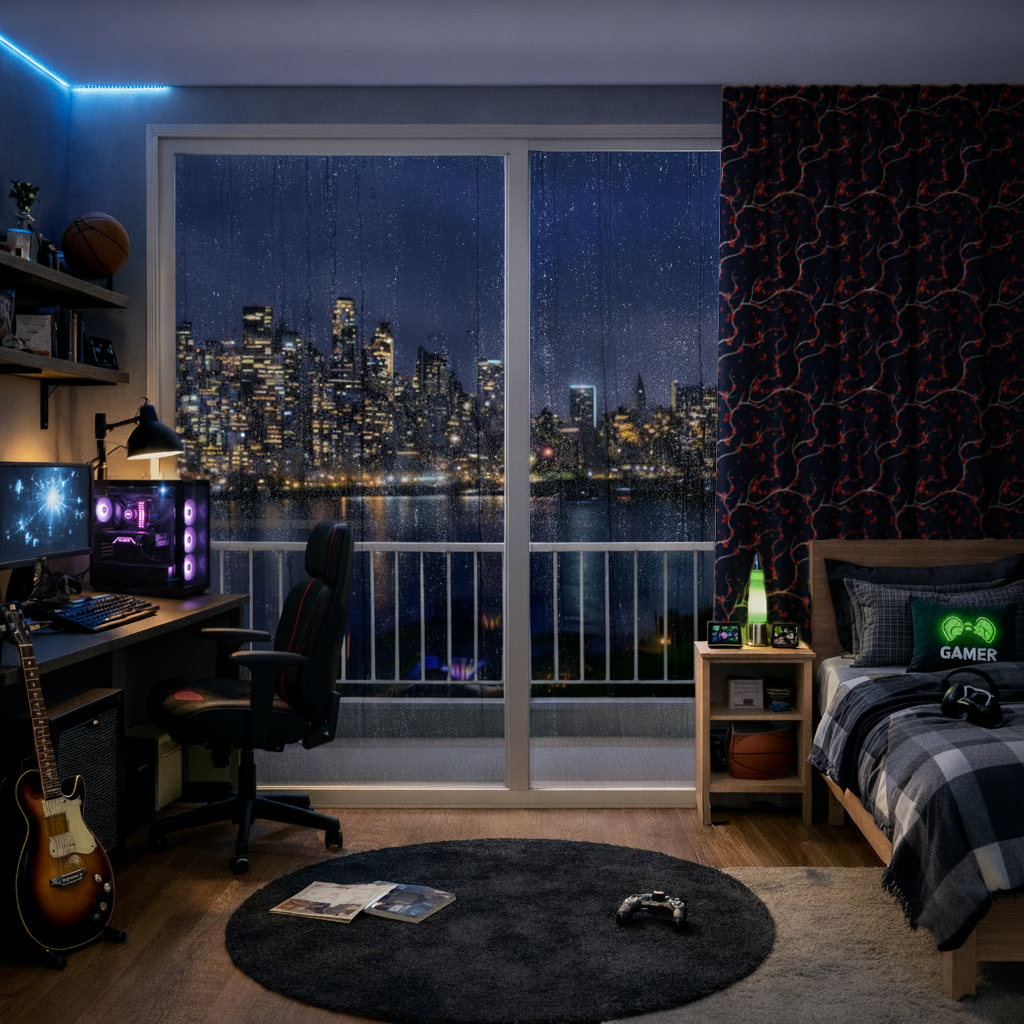 Red Floral Branch Pattern on Navy Background Drapes