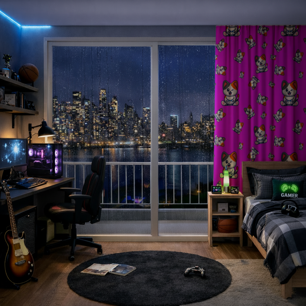 Cute Cartoon Cat Pattern on Pink Background Drapes