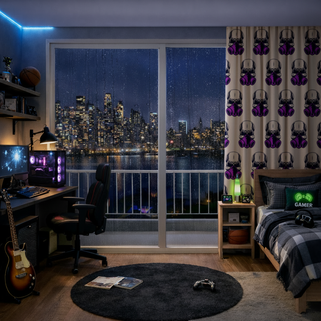 Skull with Gas Mask Illustration Modern and Edgy Design Drapes