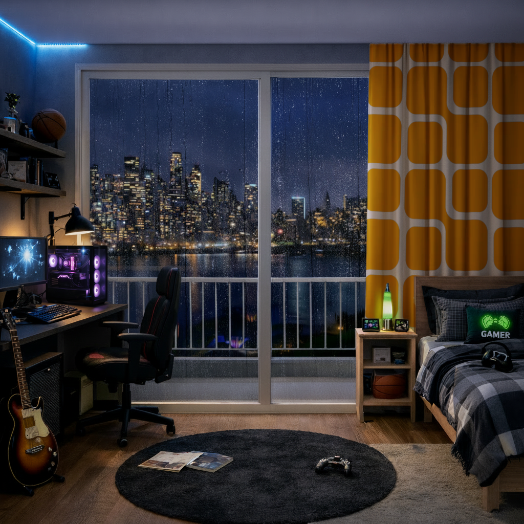 Yellow Geometric Labyrinth and Modern Abstract Pattern Drapes