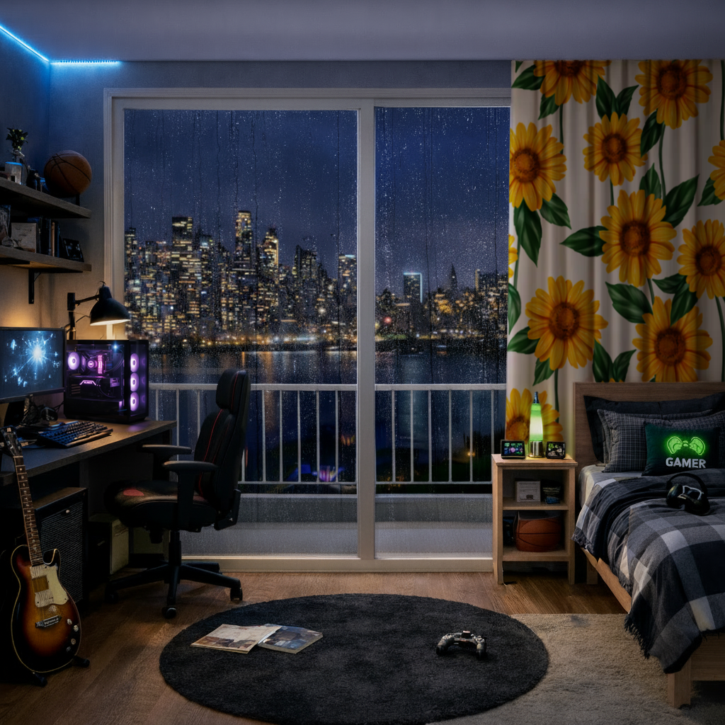 Vibrant Yellow Sunflower and Green Leaf Pattern Illustration Drapes