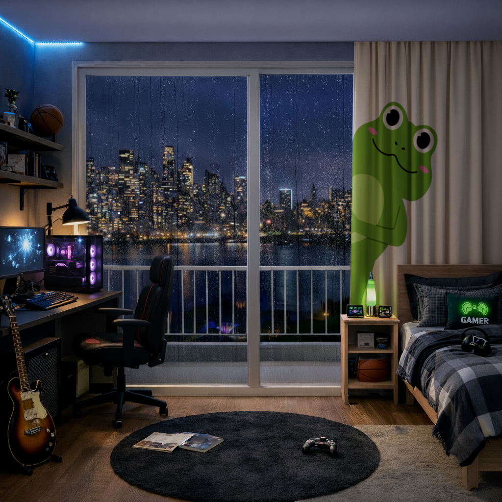 Cute Green Frog Peek-a-Boo Illustration Drapes