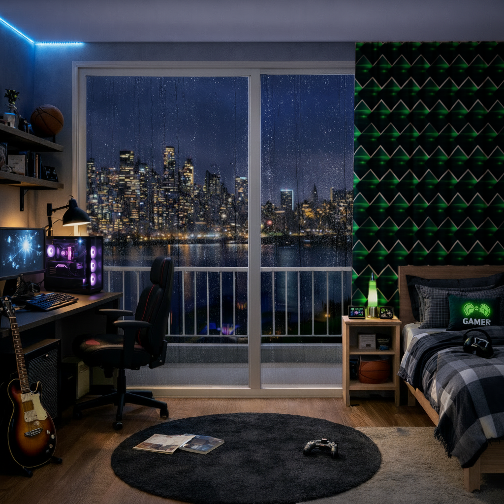 Green bright strips on black background. Drapes