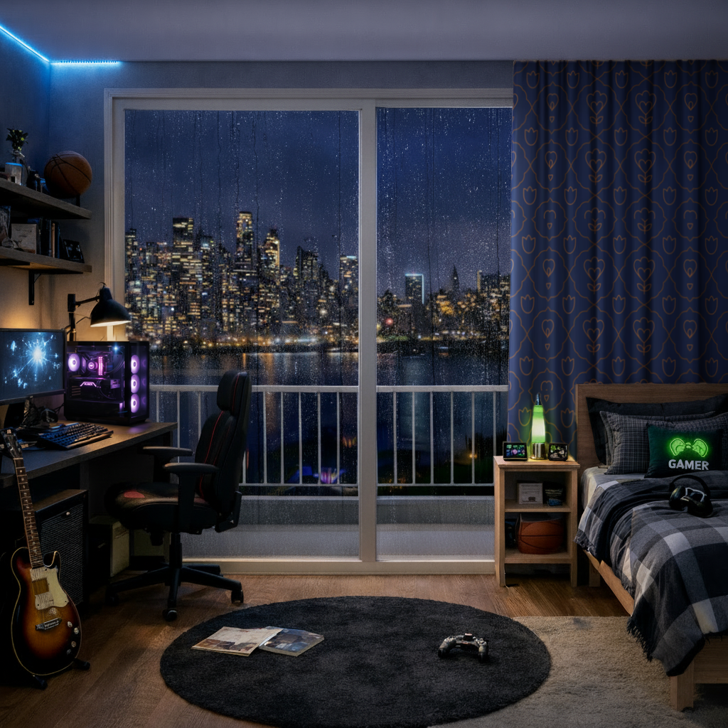 Orange Linear Floral Pattern on Blue Drapes