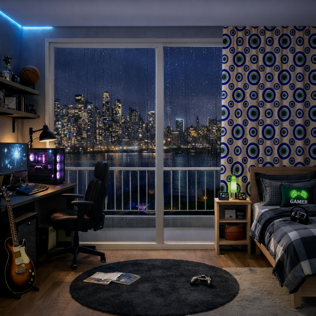 Blue Evil Eye Pattern with Stars Drapes