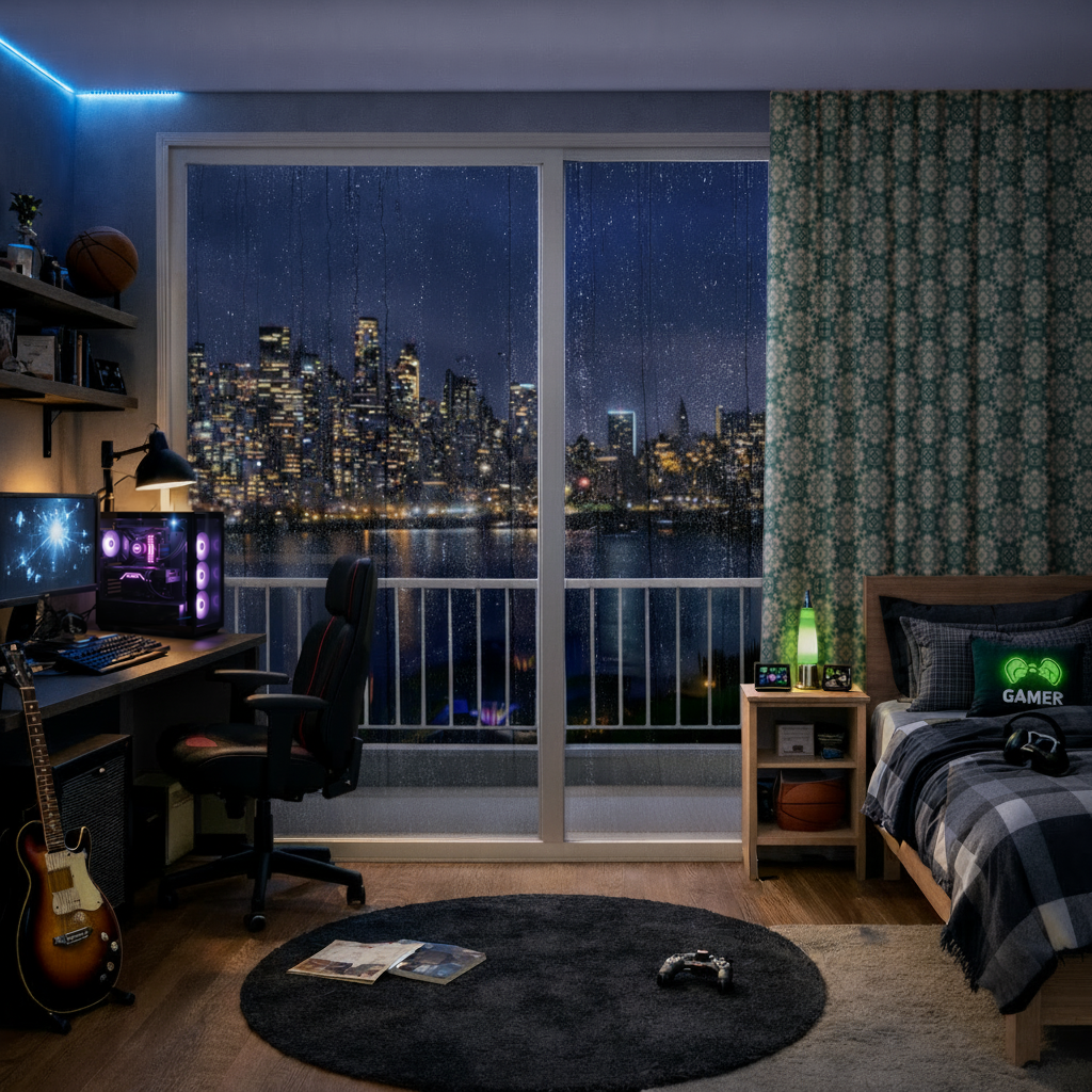 Blue Pixelated Geometric Ornament Pattern Drapes