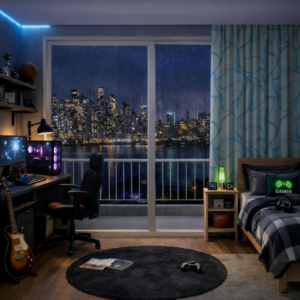 Blue Wavy Linear Abstract Pattern Drapes