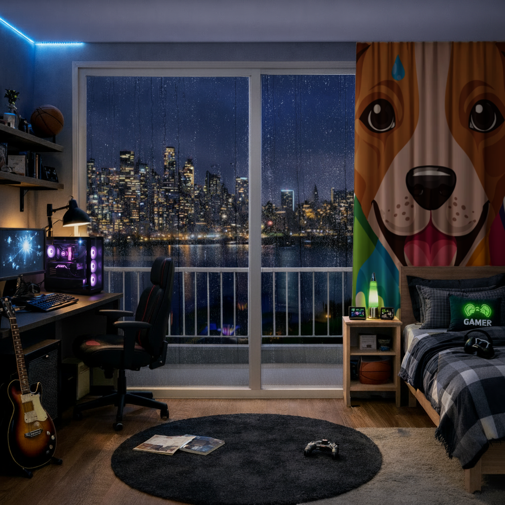 Happy Dog with Colorful Paint Drips Drapes