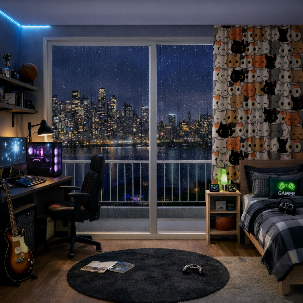 Colorful Cute Cat Faces Seamless Pattern Drapes