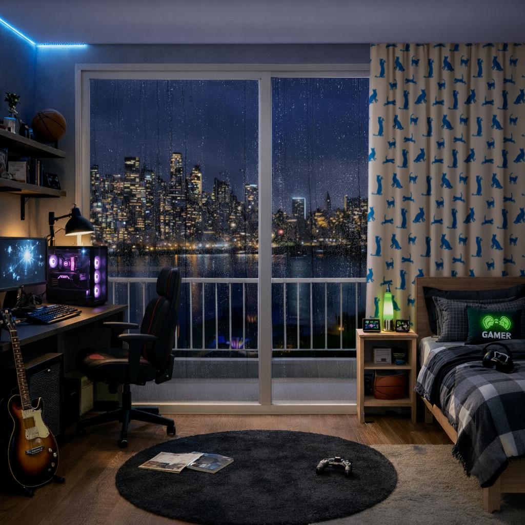 Blue Cat Silhouettes Seamless Pattern Drapes