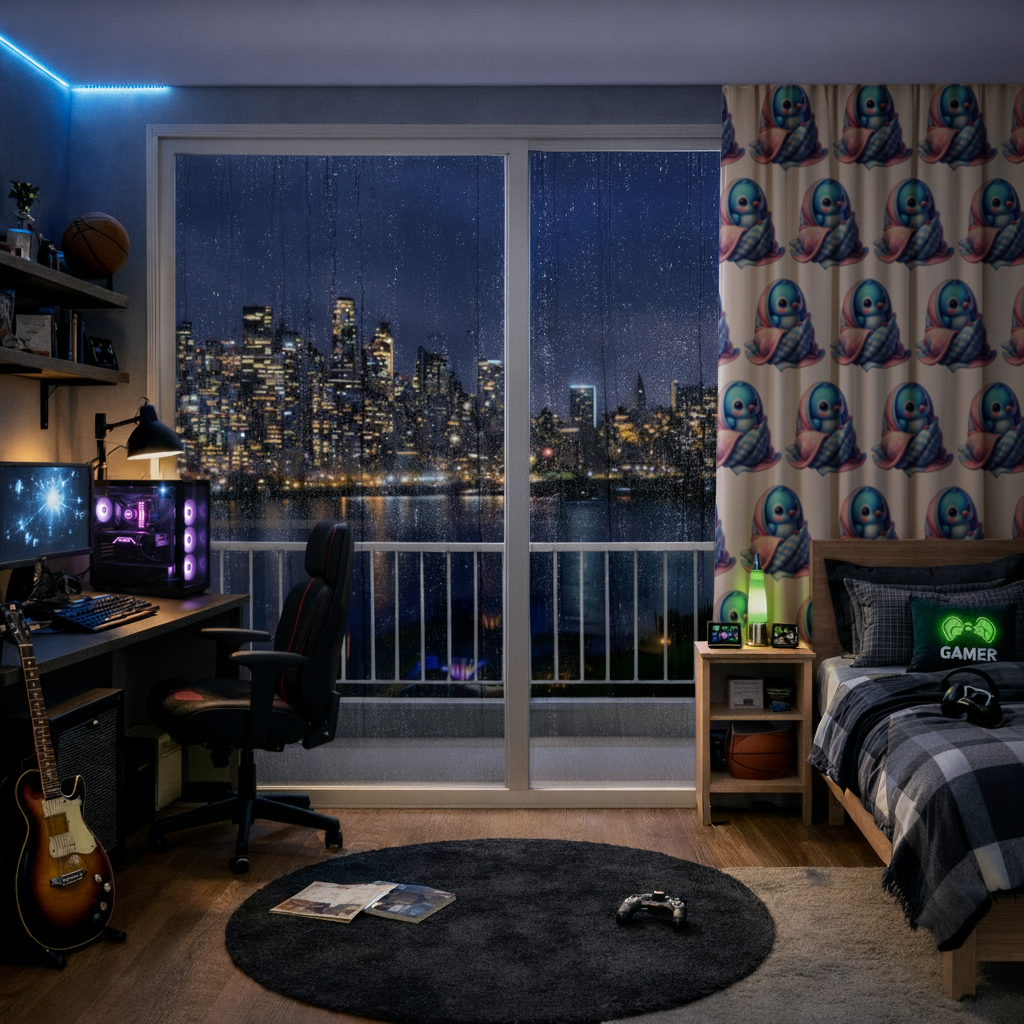 Kawaii Blue Bird in Blanket Drapes