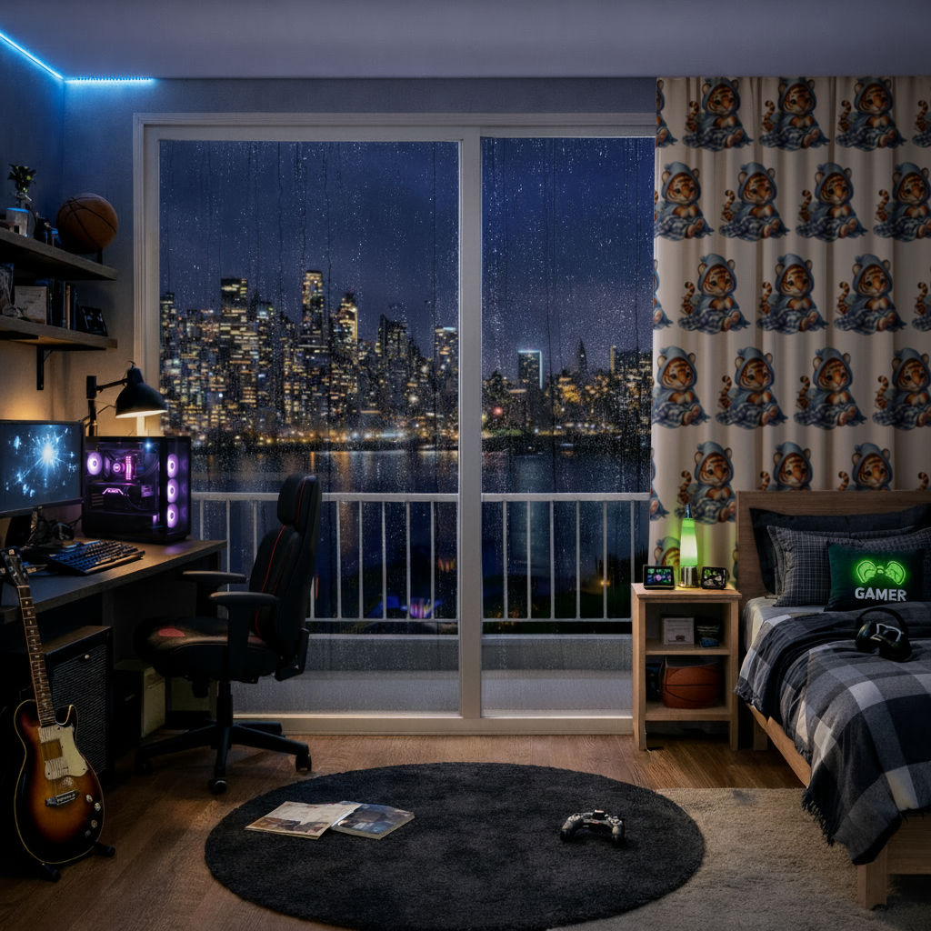 Sleepy Baby Tiger Cub on Books Drapes