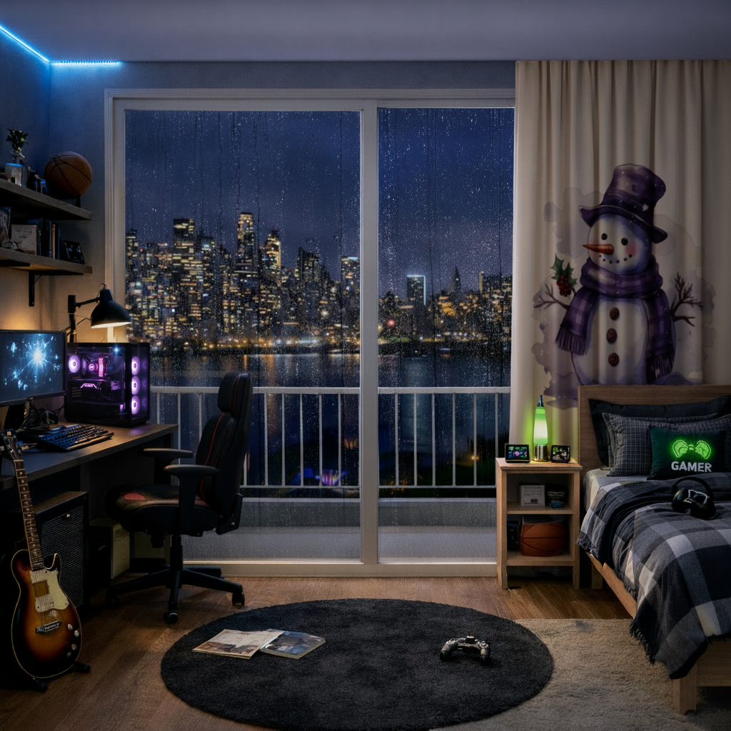 Whimsical Purple Snowman Drapes