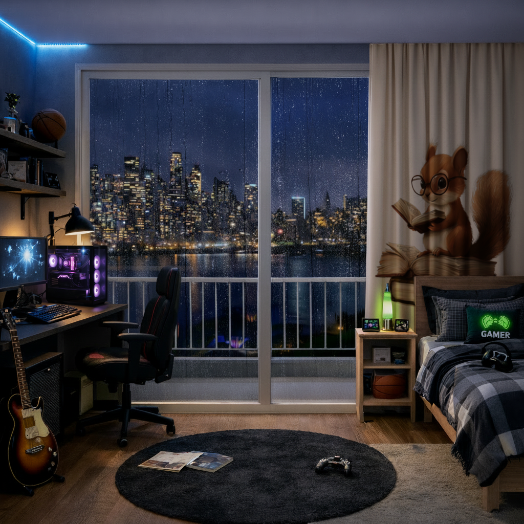 Scholarly Squirrel Reading on Book Stack Drapes