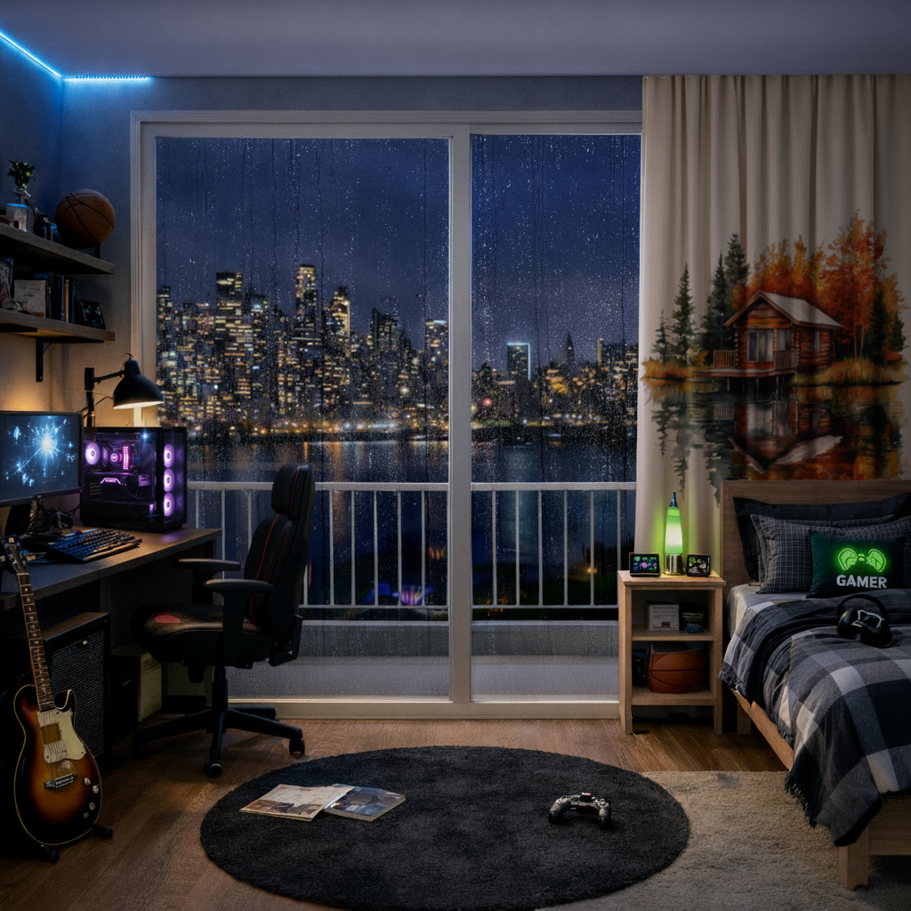 Lakeside Log Cabin Autumn Landscape Drapes