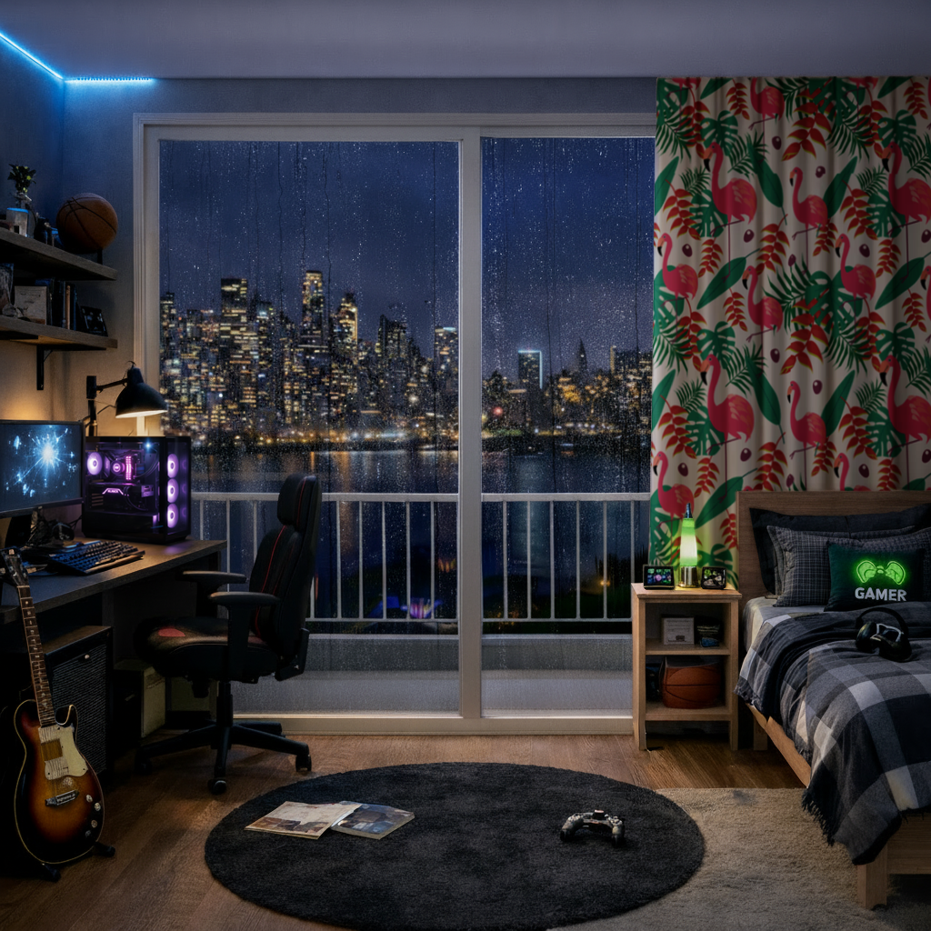 Pink Flamingo Tropical Leaves Drapes