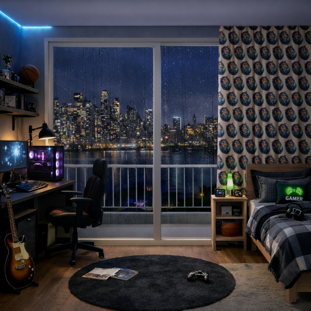 Kawaii Mavi Battaniyeli Uyuyan Kedi Fon Perde