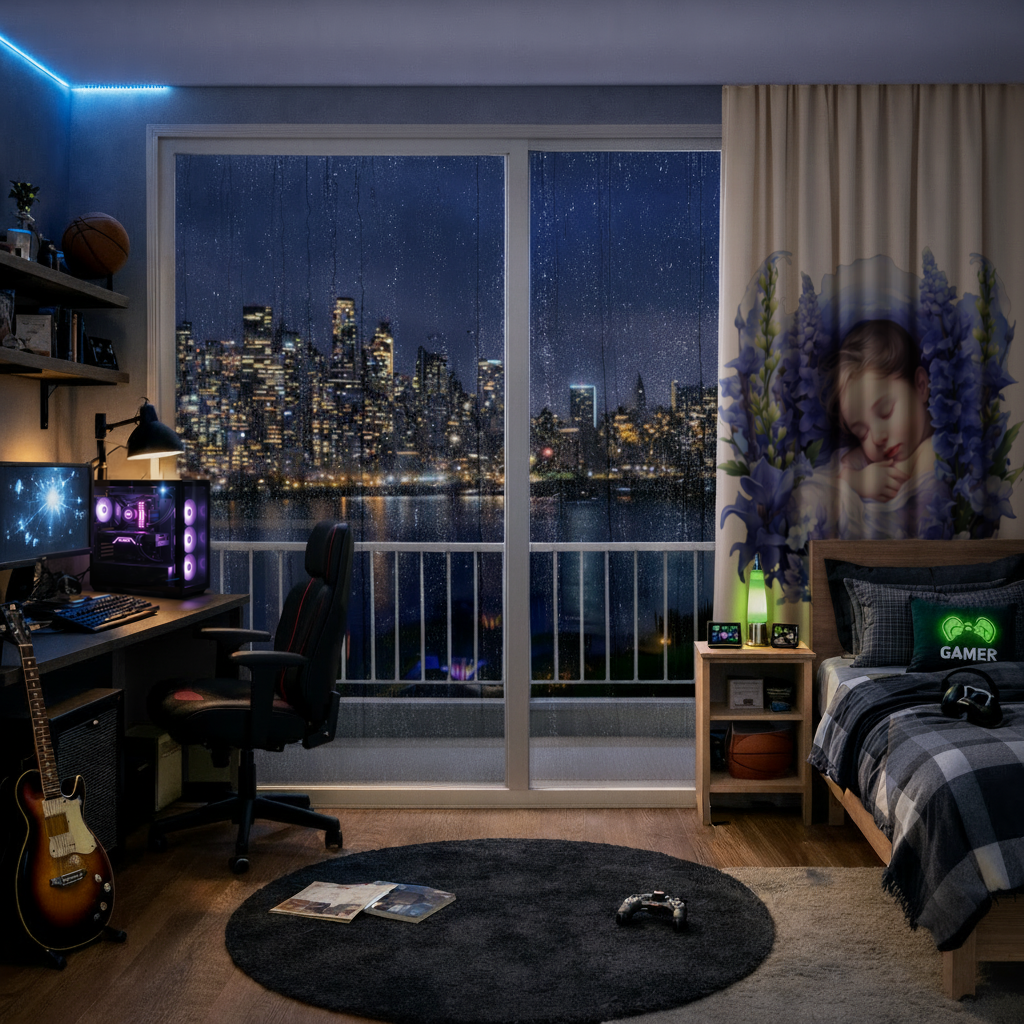 Mavi Çiçekler Arasında Uyuyan Bebek Fon Perde