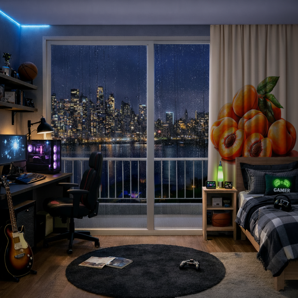 Sulu Boya Kayısı ve Yaprak Fon Perde