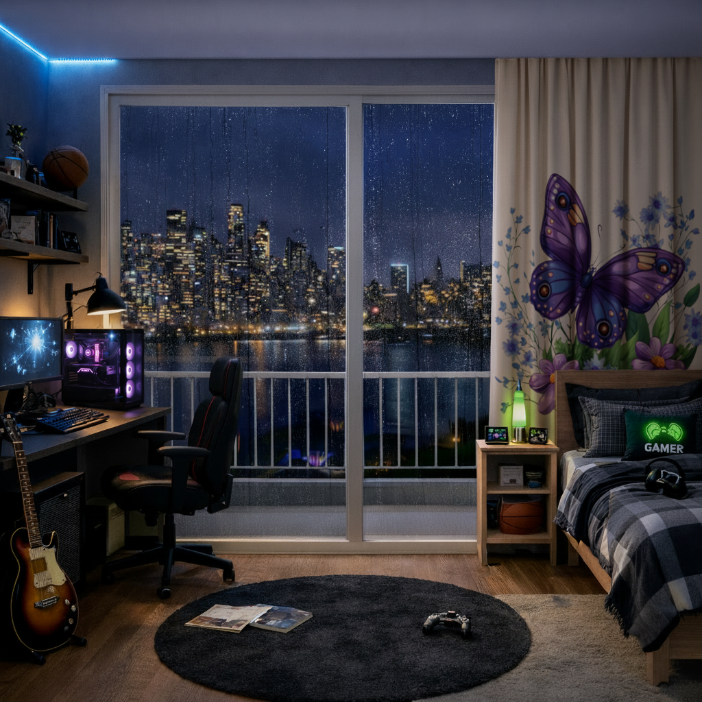 Mor Kelebek ve Mavi Kır Çiçekleri Fon Perde