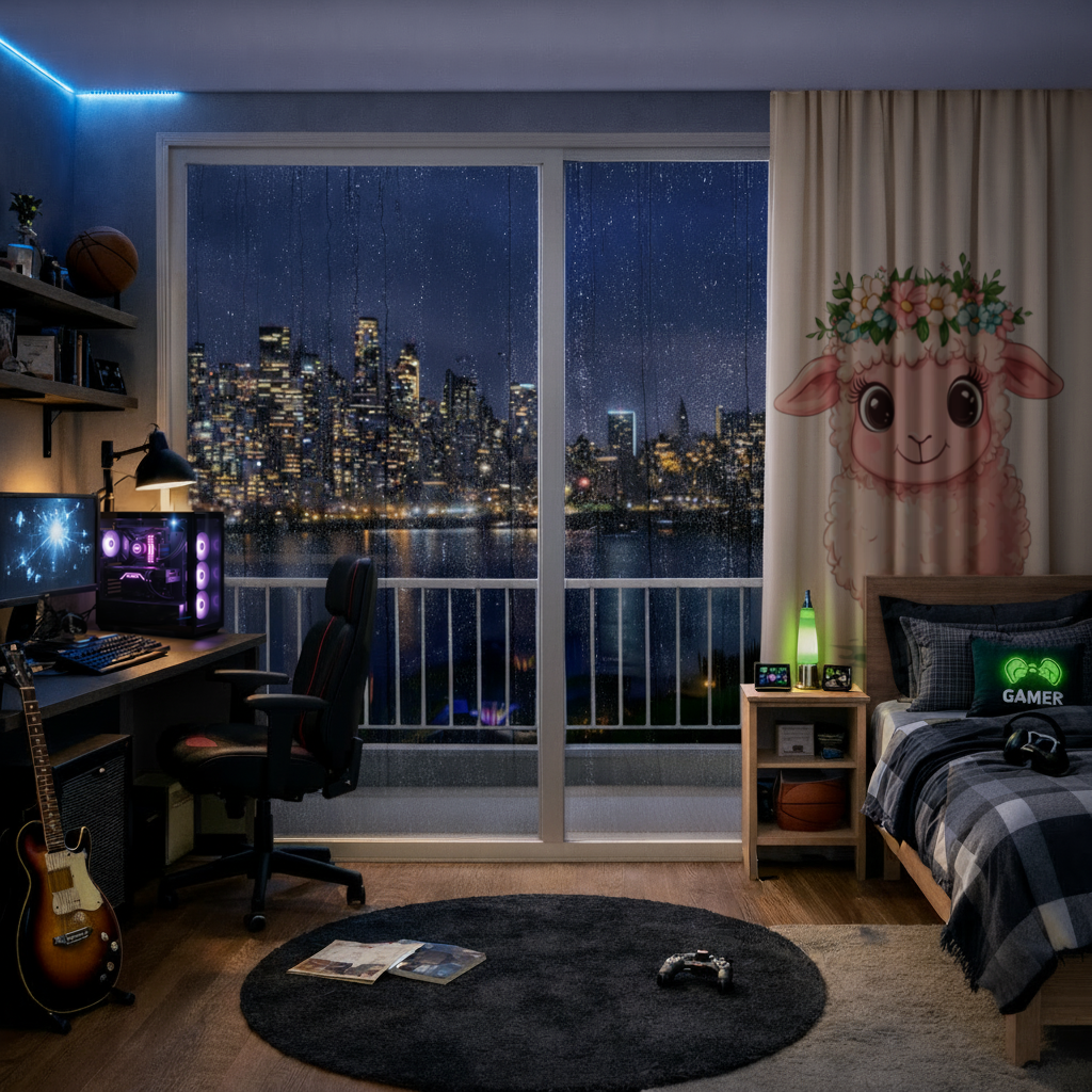 Kawaii Çiçek Taçlı Pembe Kuzu Fon Perde