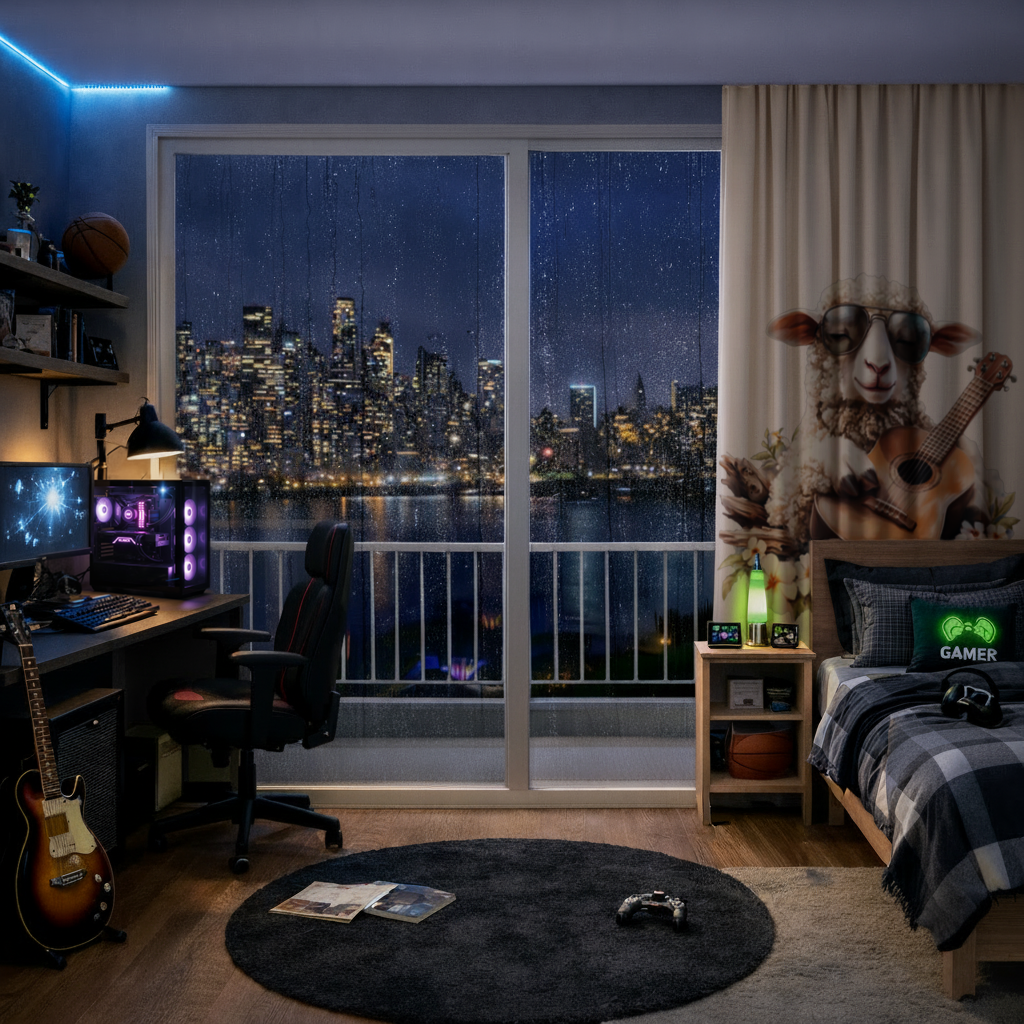 Cool Sheep Playing Ukulele with Flowers Drapes